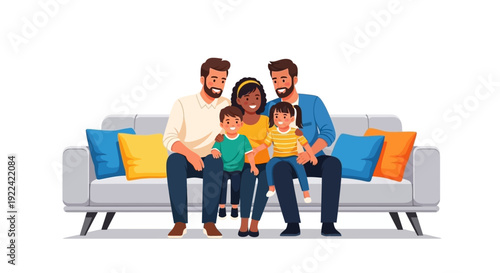 Diverse Family Posed on Sofa, Symbolizing Unity and Happiness