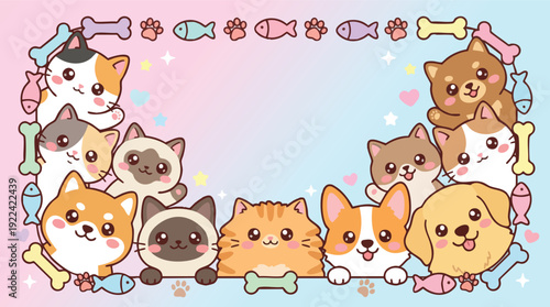Cute Cartoon Cats and Dogs Illustration.