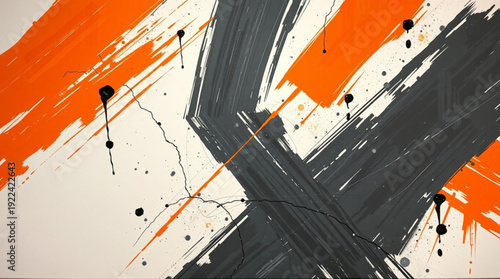Modern abstract artwork with bold orange brushstrokes on pale background, swirling dark lines creating depth,