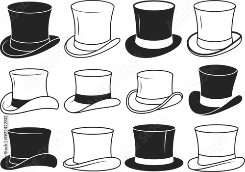 Wallpaper Mural Top Hats Collection Black and White Silhouettes on White Background illustration vector Torontodigital.ca