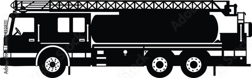 Fire truck silhouette, emergency vehicle illustration, ladder fire engine, firefighting equipment, rescue truck, safety vehicle, fire response, emergency services, black and white.