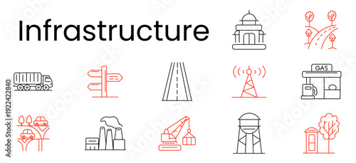 Infrastructure set icon. Outline pictograms, government building, road curve, cargo truck, direction signpost, highway, radio tower, gas station, overpass cars, factory, crane, worker, phone booth.