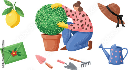Gardening and Hobby Lifestyle Vector Set with Woman Planting Topiary Lemon Straw Hat and Garden Tools Isolated on White Background