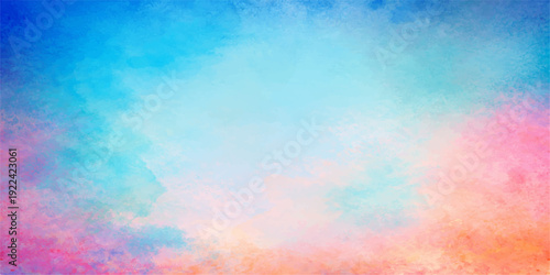 Abstract colorful watercolor background featuring a grunge paper texture with vintage paint strokes in fire orange and sky blue art patterns on an old canvas wallpaper illustration