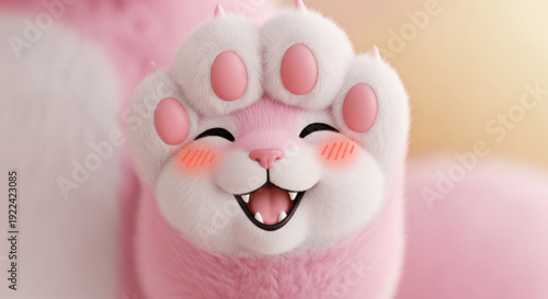 Cute Pink Cartoon Cat Paw with Blush Cheeks and Happy Smile, Isolated on Soft Background, 3D Rendering