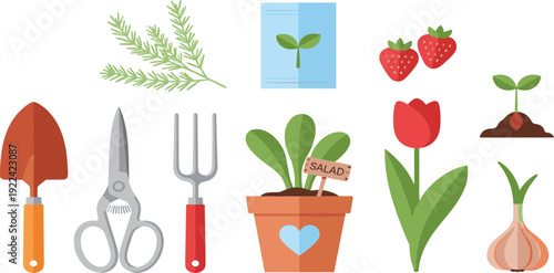 Gardening and Planting Vector Set with Shovel Pruning Shears Garden Fork Potted Salad Plant and Tulip Isolated on White Background