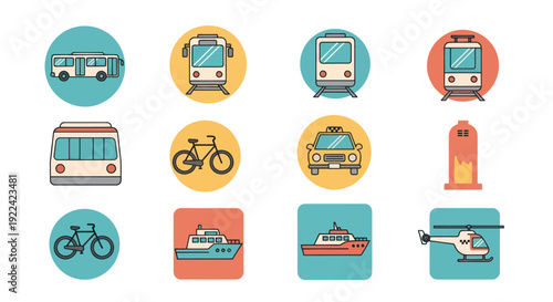 A colorful set of flat line art icons depicting various modes of public and private transportation.