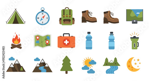 Collection of Outdoor Adventure and Camping Equipment Icons.