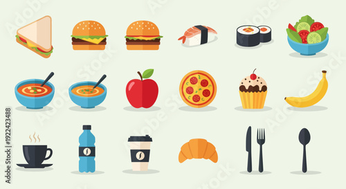 Collection of Food Icons: Sandwich Burgers Sushi Salad Soup Apple Pizza Cupcake Banana Coffee Water Croissant Cutlery.