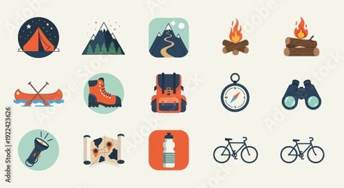 Set of flat design outdoor adventure camping and hiking icons with various equipment and nature elements.