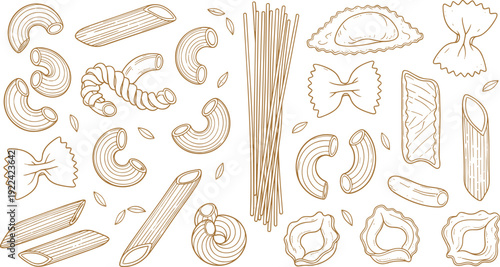 Italian Pasta Varieties Vector Illustration Set with Penne Farfalle Fusilli Spaghetti and Ravioli Line Art Isolated on White