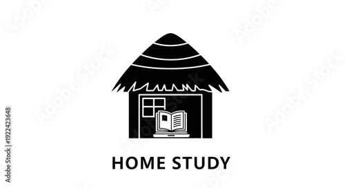 A black silhouette logo of a thatched roof hut with a laptop and book symbolizing home study and e-learning.
