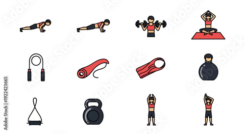 Collection of Fitness Equipment and Exercise Illustrations.