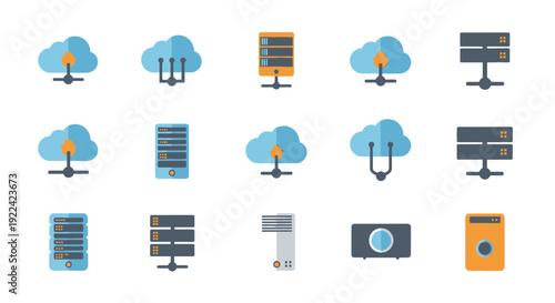 Collection of Modern Flat Icons for Cloud Computing Data Centers and Server Technology.