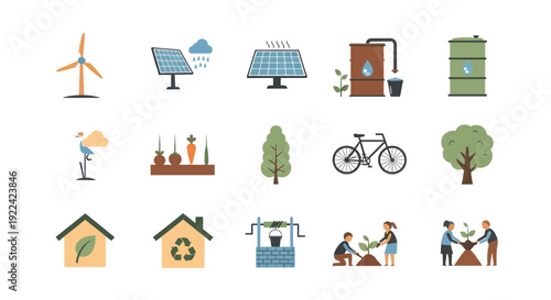 A diverse set of colorful flat icons representing ecology green energy and sustainable living concepts.