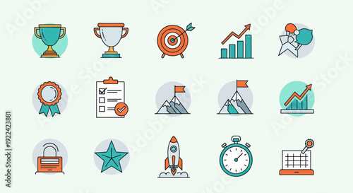 Collection of Flat Icons Representing Success Goals and Achievement.