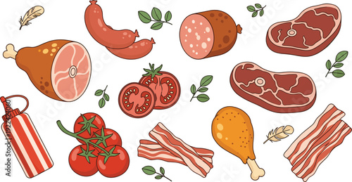 Meat and Poultry Vector Set with Beef Steak Chicken Leg Bacon Slices Ham and Fresh Tomatoes Isolated on White Background
