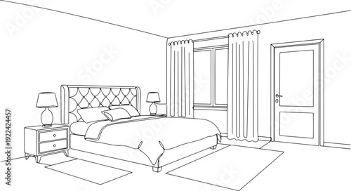 Modern bedroom interior line art. Furniture sketch for coloring and home design.