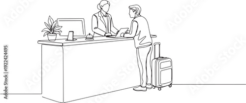 Hotel reception desk check-in. Continuous line art of traveler and receptionist.