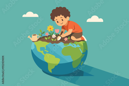 Child Nurturing the Planet. Earth Day and Eco Campaign Concept. Vector graphic illustration