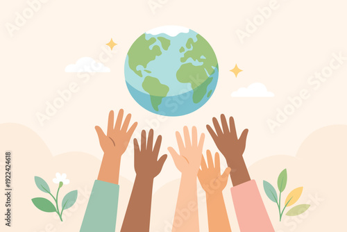 Hands Holding Earth with Flowers. Earth Day and Eco Campaign Concept. Vector graphic illustration
