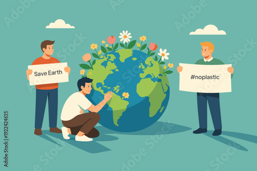 illustration of a three men are doing an eco campaign by holding banners. Earth Day and Eco Campaign Concept. Vector graphic illustration