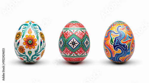 Tre uova di Pasqua decorate con pittura artistica a motivi floreali e astratti isolato su sfondo bianco. Generative AI 