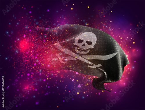 Pirate, vector 3d flag with a splash of paint dots, explosion of colored dots