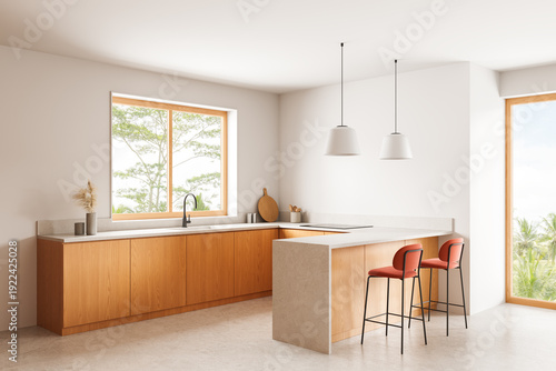Contemporary kitchen interior with minimalist wooden cabinets, large windows, and modern pendant lights in bright natural surroundings. 3D Rendering