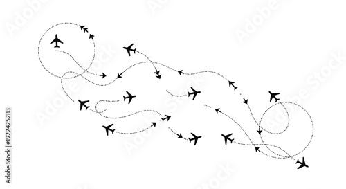Multiple black airplane icons illustrate complex air traffic control routes and global travel paths, depicting journeys with dotted lines and directional arrows