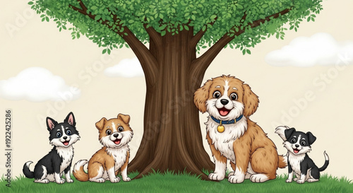 Cartoon Dogs Sitting Under Tree in Green Grass