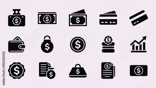Set of black vector icons for web and mobile design including business finance communication and technology symbols