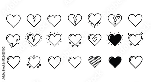 Collection of diverse hand drawn heart icons illustrating various emotional states like love affection and heartbreak in doodle style