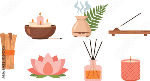 Aromatherapy and Spa Vector Set with Scented Candles Essential Oil Diffuser Incense Sticks and Lotus Flower on White Background