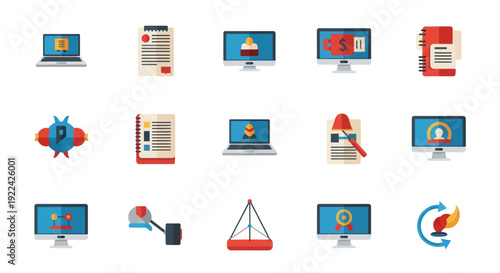 Flat Design Law and Justice Digital Icons Set with Legal Documents and Technology.