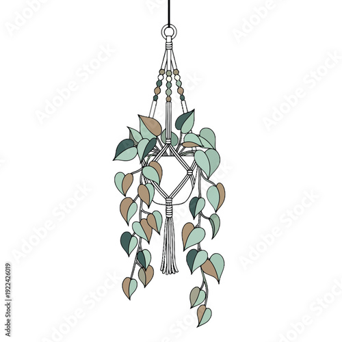 Macrame plant hanger with green and brown leaves green leaves