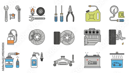 Various automobile parts and tools illustrated in a grid layout showcasing vehicle maintenance equipment and components