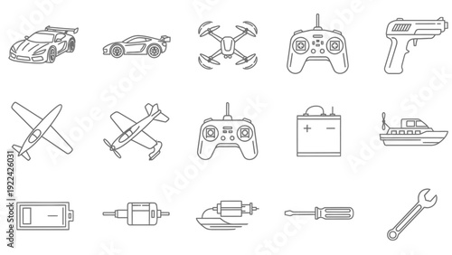 Collection of line icons representing various technology and transportation icons including vehicles, aircraft, game controllers, and tools