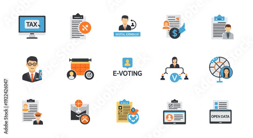 Modern Flat Design Icon Set for E-Voting Taxation and Digital Administration Processes.