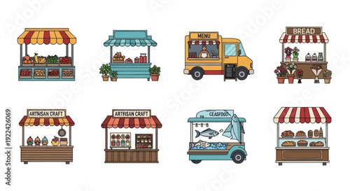 Collection of Colorful Cartoon Market Stalls and Food Trucks with Diverse Products.