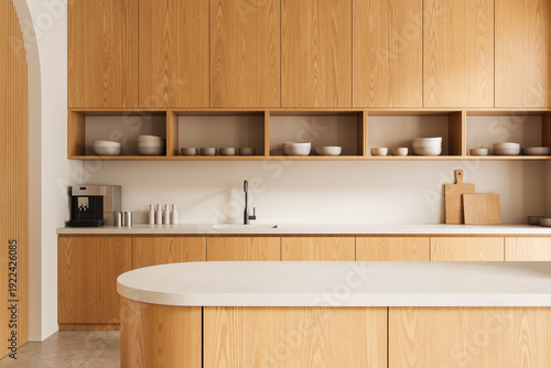 Bilde på lerret Contemporary minimalist kitchen interior with wooden cabinets and white countertops for product display or design mockup presentation purposes