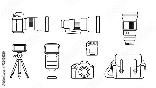 Collection of photography equipment illustrations featuring camera, lens, bag, tripod, and flash