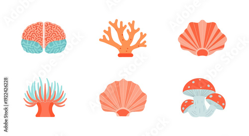 Collection of Six Colorful Cartoonish Marine Life Illustrations.