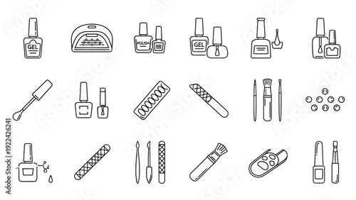 Collection of nail care icons featuring manicure tools and cosmetics displayed in a neat grid arrangement