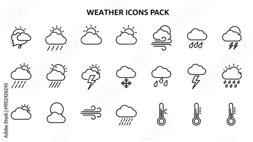 Collection of weather icons depicting various conditions like rain, sun, clouds, and wind in a simple, line-art style