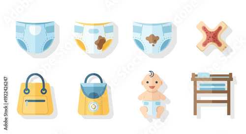 A colorful flat icon set for baby care featuring clean and dirty diapers bags a happy infant and a changing table.