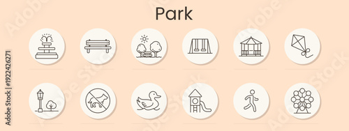 Park set icon. Fountain, bench, trees, swing, gazebo, kite, lantern, no dogs sign, duck, playground slide, walking person, ferris wheel, outdoor recreation, leisure area, city nature.