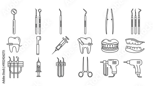 Dental tools and equipment collection arranged neatly for a dental procedure illustration