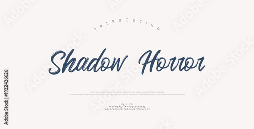 Shadow Horror, Script luxury wedding alphabet letters font with tails. Typography elegant classic serif fonts and number decorative vintage retro concept for logo branding. vector illustration

