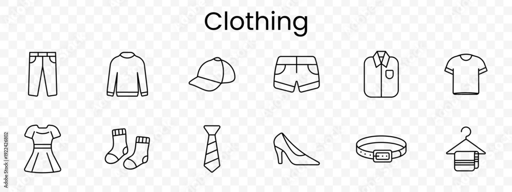 Fototapeta premium Clothing set icon. Pants, sweater, cap, shorts, shirt, tshirt, dress, socks, tie, heel, belt, hanger, wardrobe, fashion, outfit, retail, style